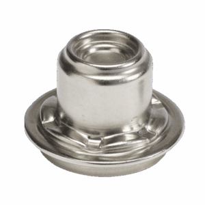 Precision deep-drawn metal component shown in close up on white background.