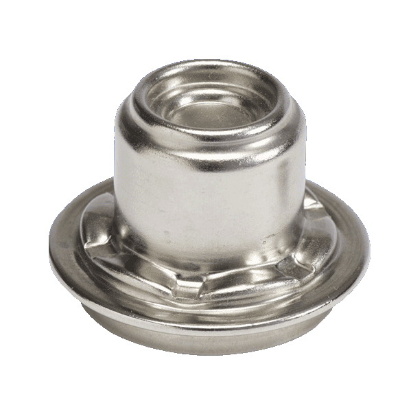 Precision deep-drawn metal component shown in close up on white background.