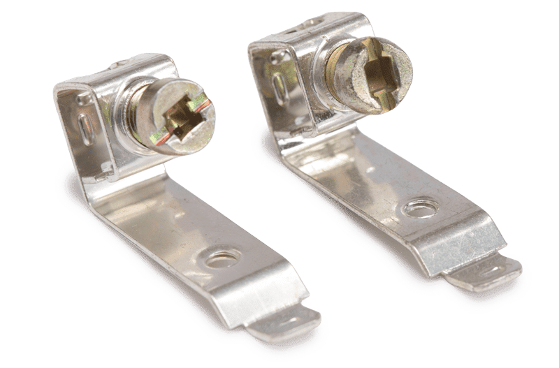 Pair of stamped metal mounting brackets with integrated threaded fasteners, isolated on white background.