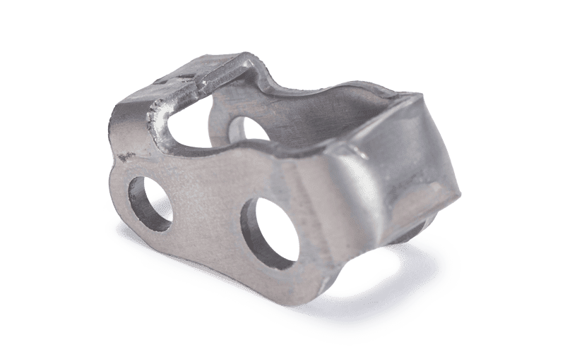 Small formed metal clip with dual mounting holes.